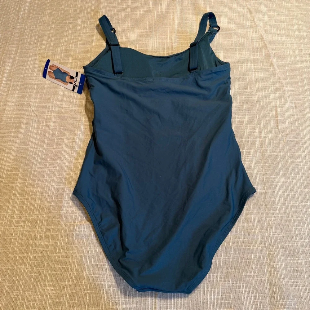 DKNY Womens Tiered Ruffle One Piece Swimsuit Dark Teal Blue Size Large NEW - Picture 2 of 7